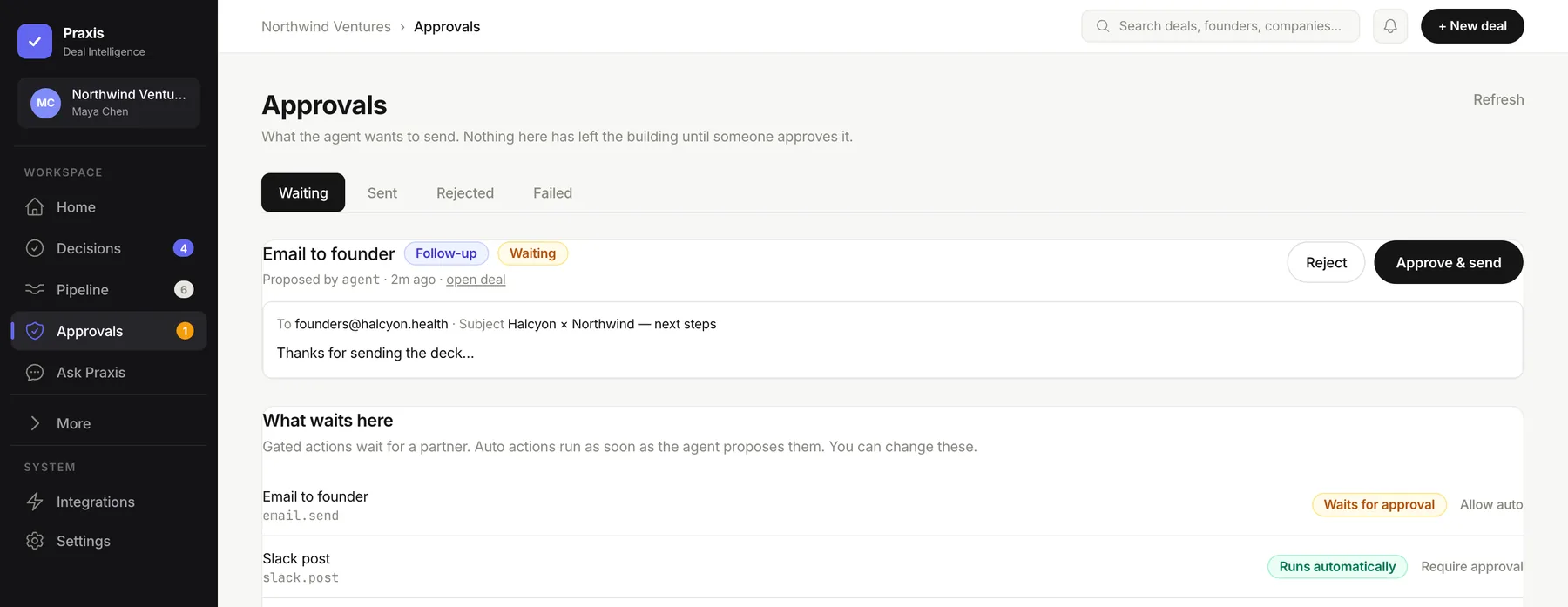 Praxis Approvals screen: an email to a founder waiting for approval, and the autonomy policy for each action type